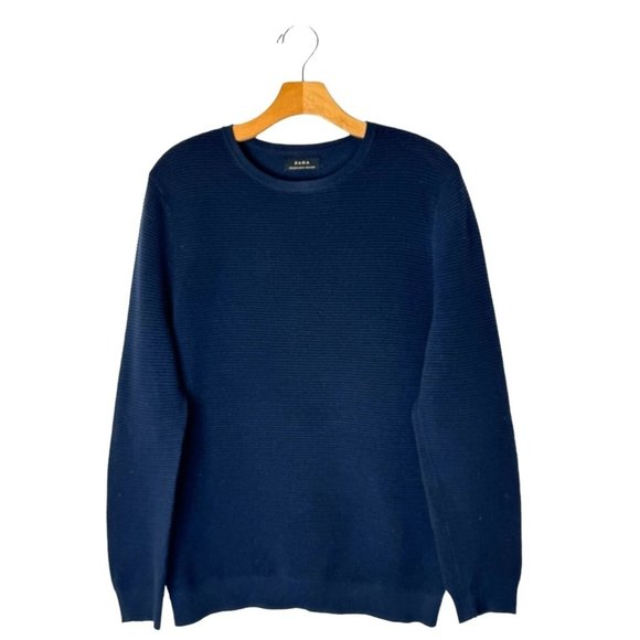Zara Other - Zara Sweater Mens M Navy Blue Crew Neck Textured Ribbed Knit Pullover